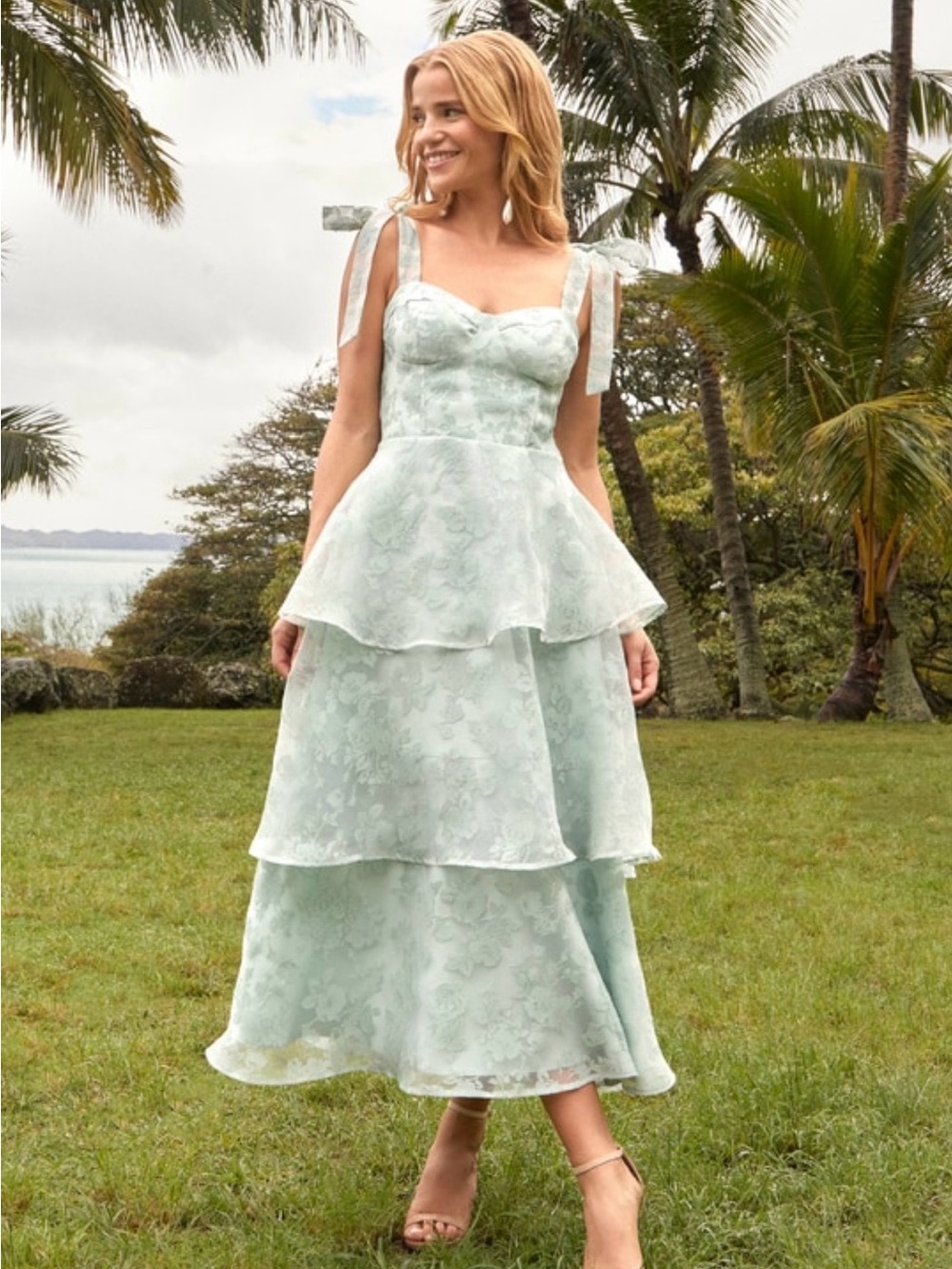 Lulus Sage Green Tiered Bustier Tie-Shoulder Midi Dress - Size S